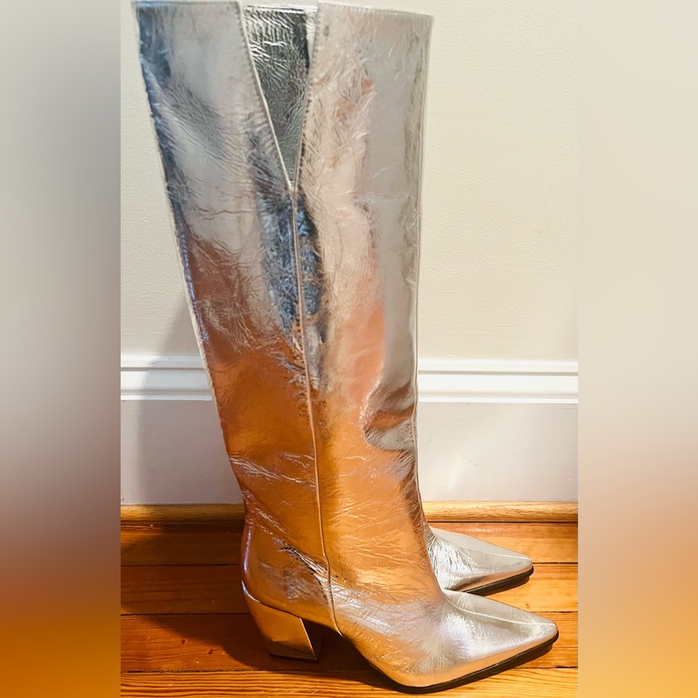 Zara Silver Metallic Knee Boots - NWT